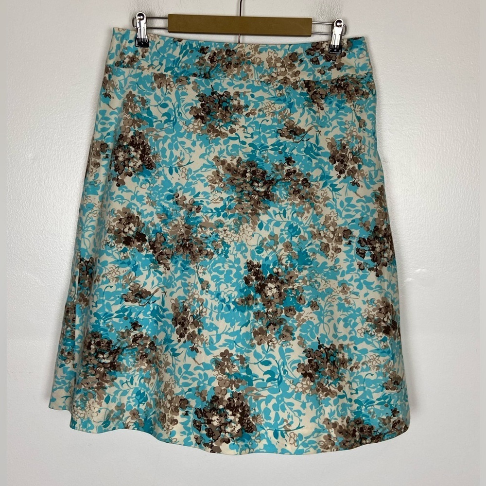 Talbots Stretch Silk Blend Floral Midi Skirt Size 12 Color Blue & Brown USA